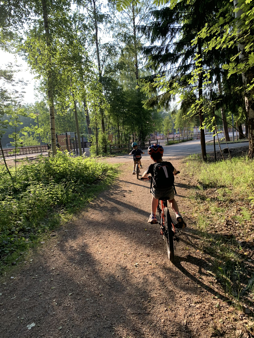 Two children cycling in a park
