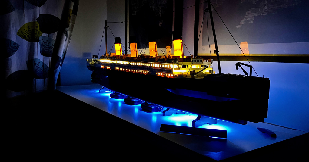 Lego Titanic fitted with lights so the windows and funnels light up.