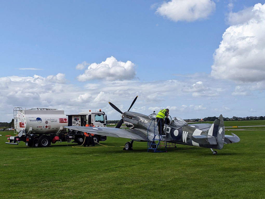 A Spitfire aircraft being refuelled at Kemble Airport.