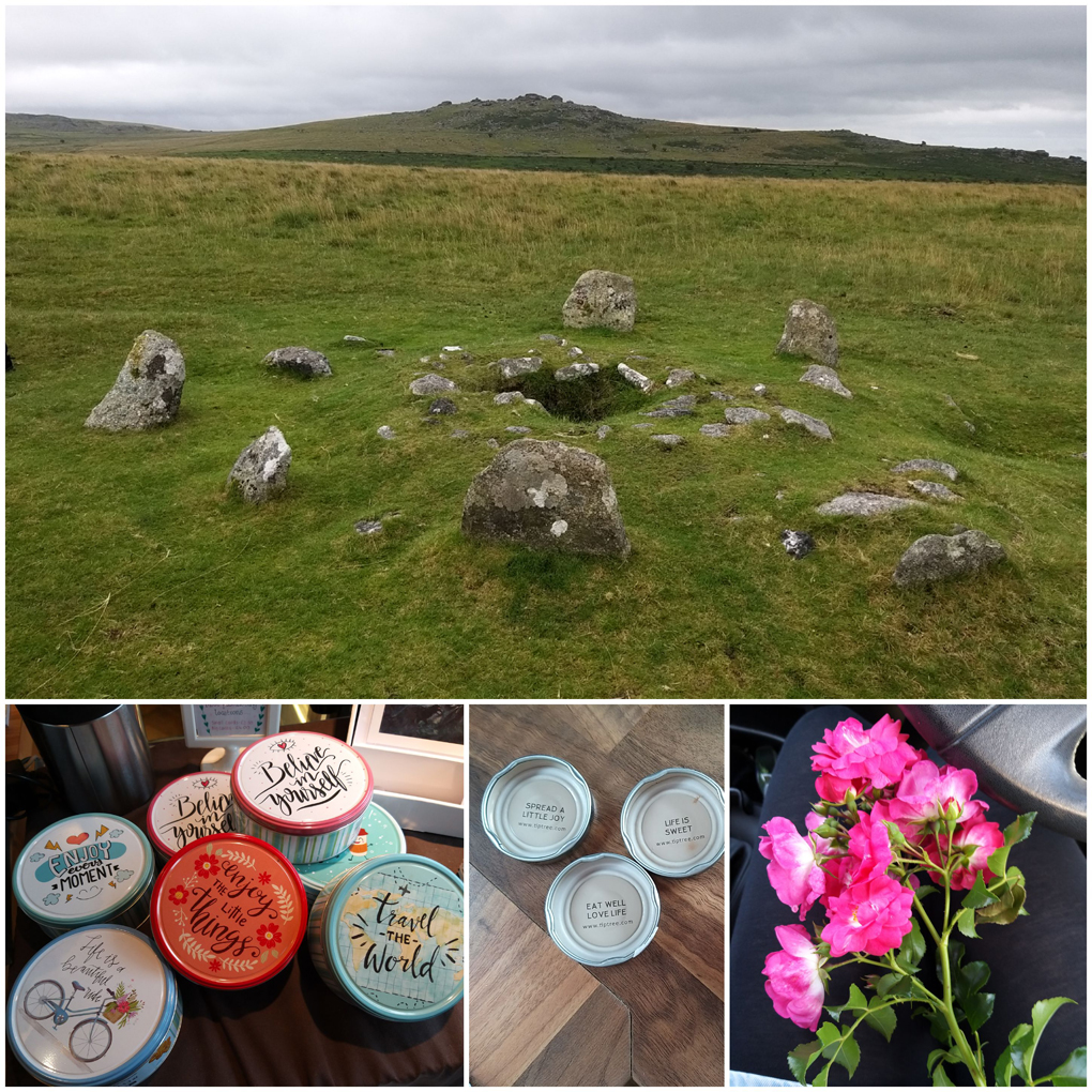 Jam jar lids and biscuit tins carrying cheerful messages, a small stone circle in Dartmoor and pretty dark pink flowers