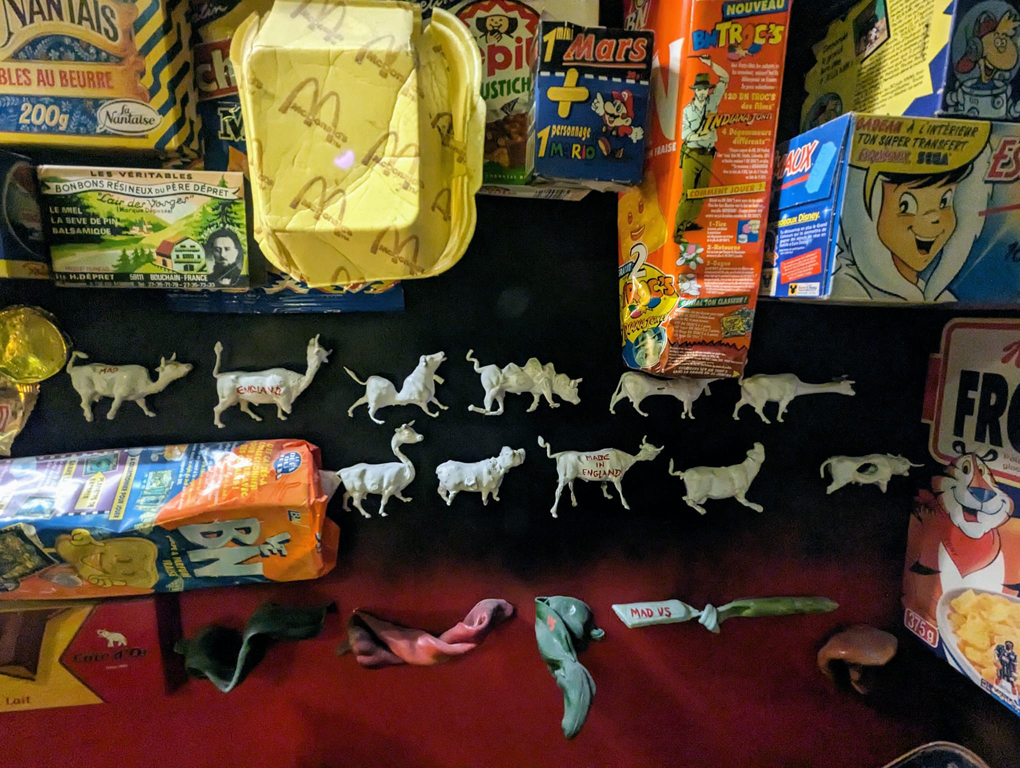 A collection of model cows in a shopfront.
