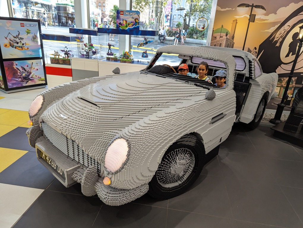 Picture of grey Aston Martin DB5 made from 357,954 bricks in the Lego London store