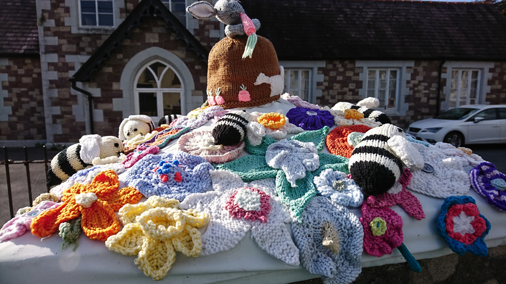 Yarn Bombing in our village - a group of knitters decorated the pillars of the old school . The display of crocheted and knitted bees visiting a variety of knitted flowers on a base which covered the pillars was very cheery and fun. The Guardian Newspaper did a feature on it so we were delighted - our small village had achieved fame! The paper printed the name of the next village in error with the photo, shame!