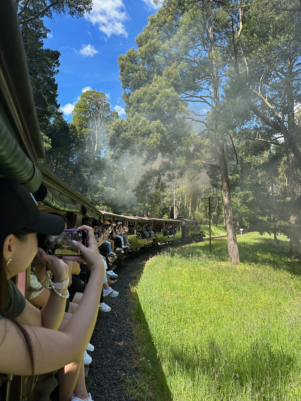 Taken from steam train car window. Shot of many other people sitting with dangling legs and using phones and cameras to take photos while the front of the train curves to the right. Grass and tall trees to the right.