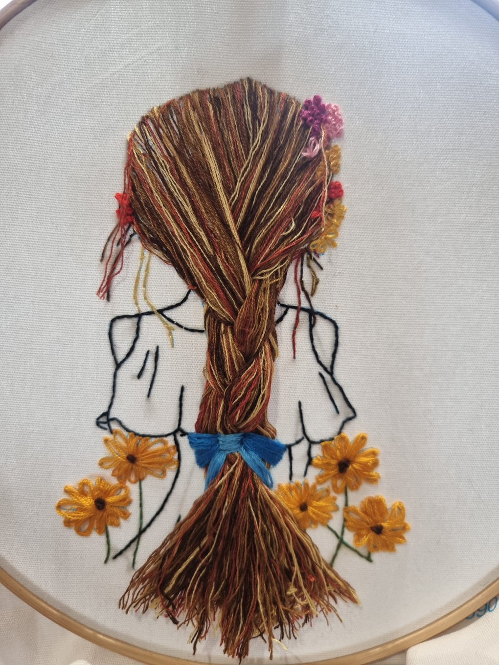 Embroidery of the back of a long haired girl