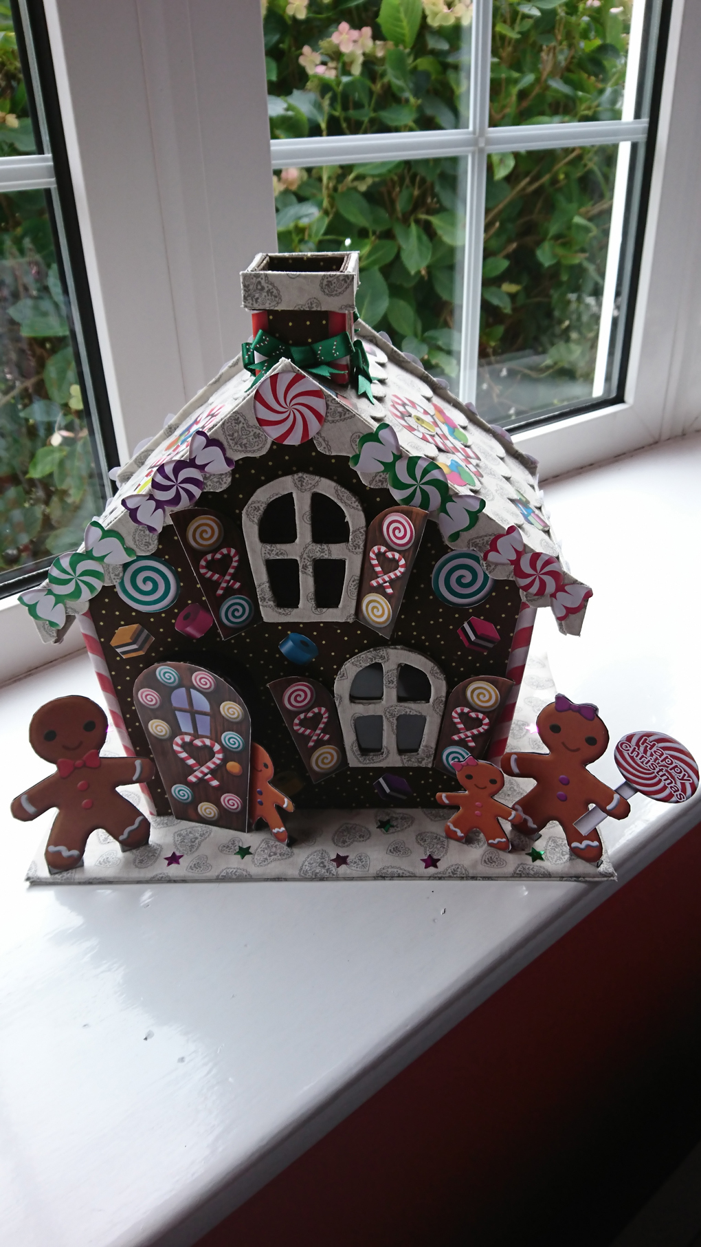 Being stuck at home for two weeks with a virus I made this Gingerbread House fom card covered in two colours of fabric. The Gingerbread family and sweets on house are paper cut outs. It was a kit, a labour oflove