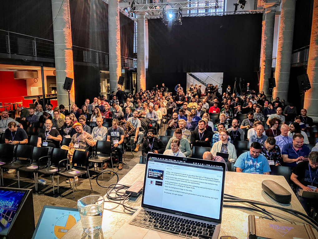 An image of the crowd from my perspective while on the stage waiting to start. My laptop is on the pedestel in front of me.