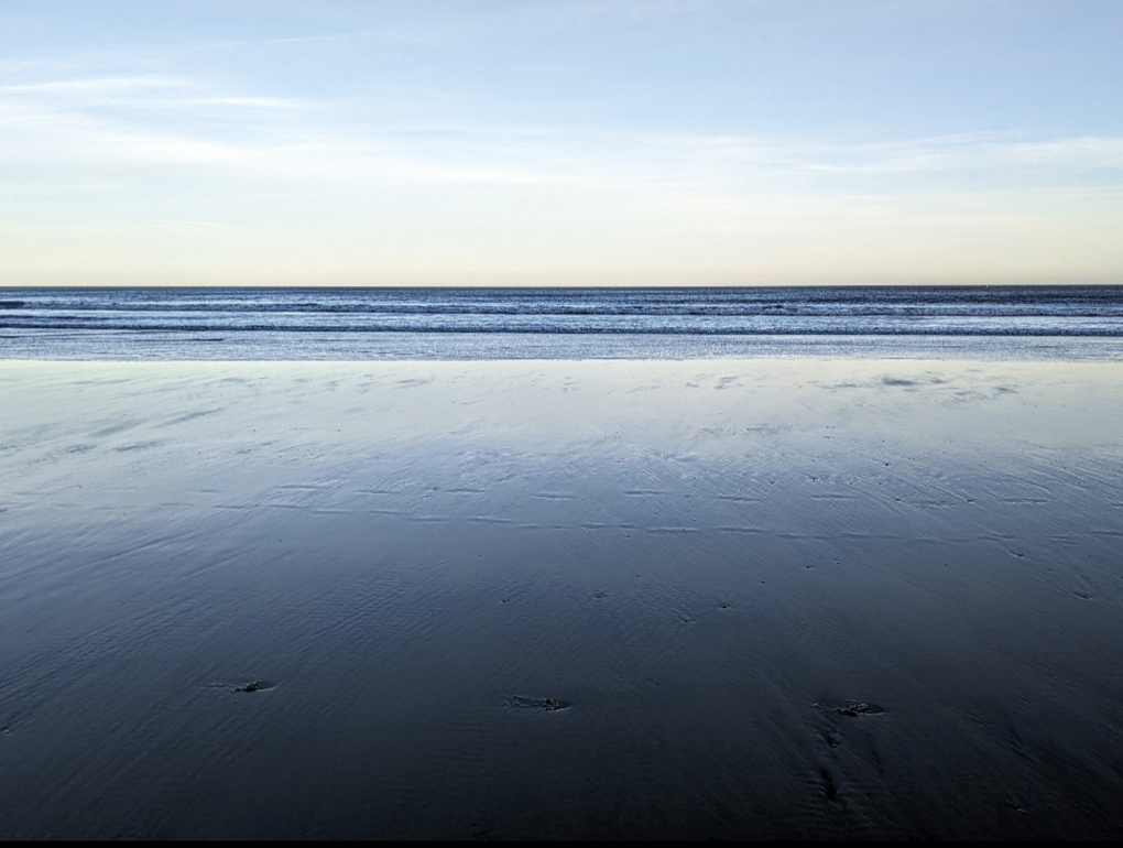 Blue skies and ocean.