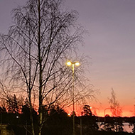 An early morning view of a motorway with the sun rising behind it.