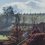 Cold February morning sunlight looking over a maze of autumnal hedges with the occasional bridge over sections of maze. A couple of people waving on a bridge across the maze