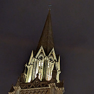 Church tower at night with uplighting