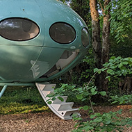 A flying saucer shaped structure positioned in woodland.