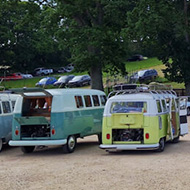 An eclectic collection of different cars and vans, parked in front of a green trees and hills
