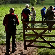 The images show the group leading off down the Coln valley have emerged from a wood and passed through a gate into the meadow