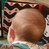 A baby lays on their tummy next to a stuffed bear about the same size as them. They gaze at black and white pictures together