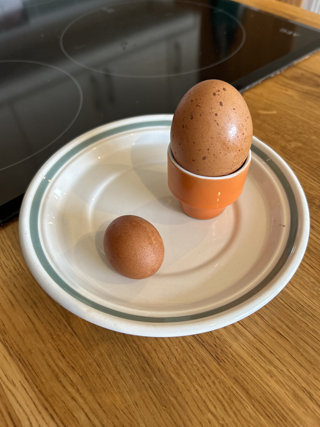 Egg in an egg cup with a small egg next to it.