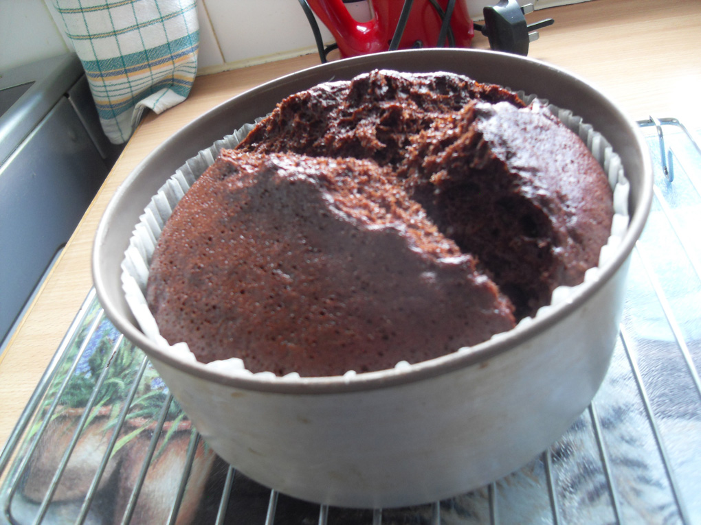 Chocolate cake in round baking tin