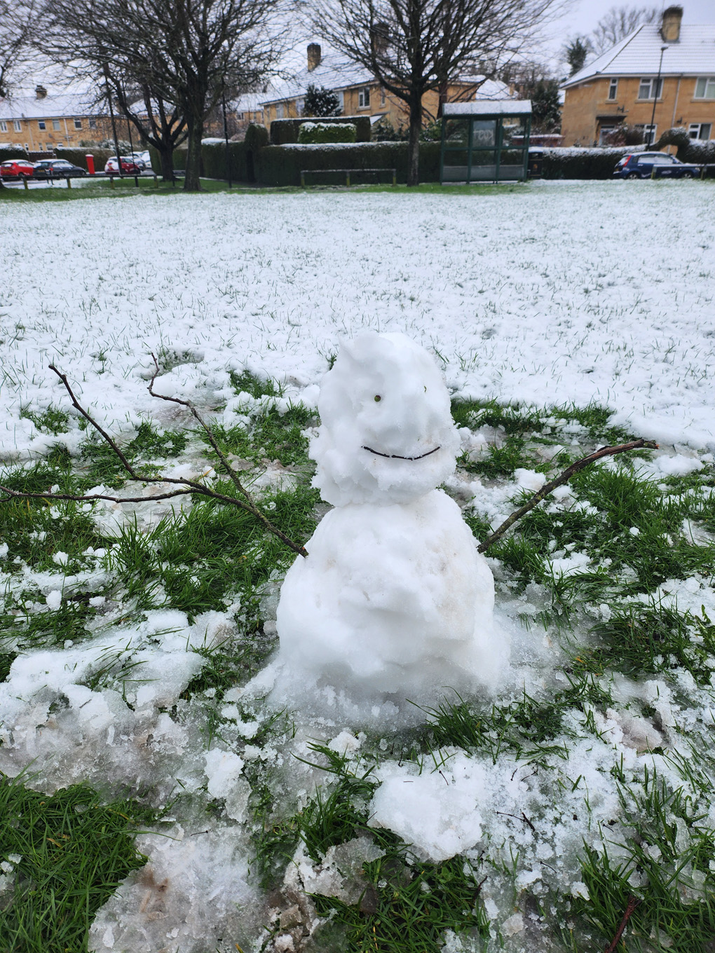 A small snowman with thin twigs for arms, thin twig smile and two small acorn like seeds for eyes