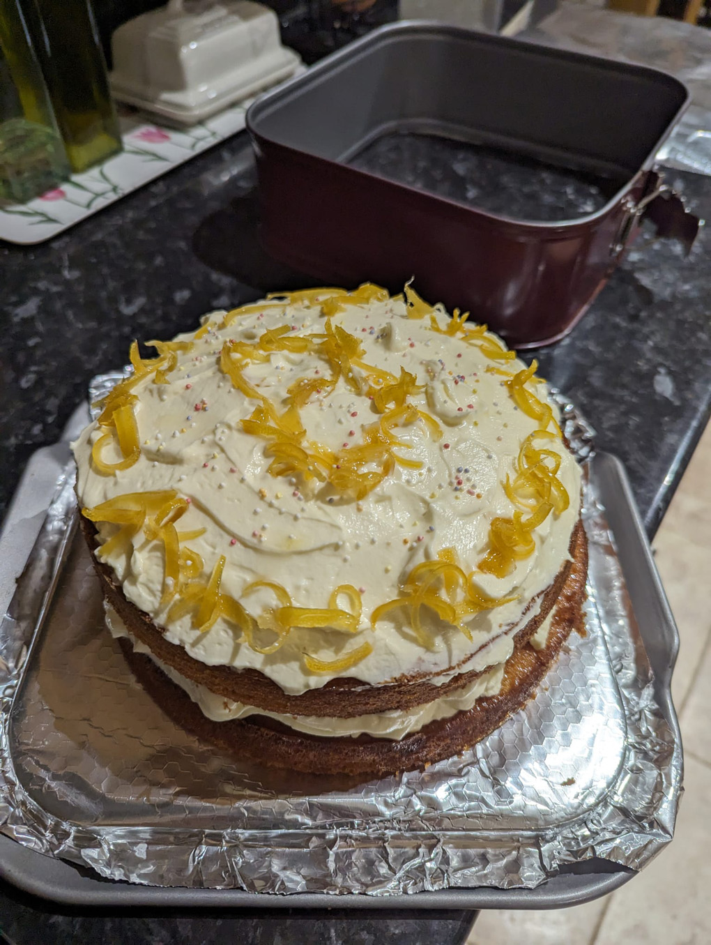 Lemon drizzle cake on a tray
