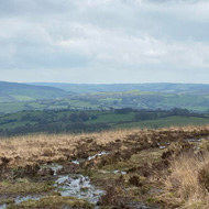 A muddy path across the moors of Exmoor, with rolling green hills and grey clouds in the background.