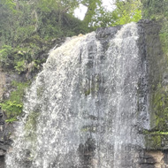 Huge waterfall with tiny person and dog behind curtain of water