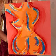 Two ladies holding paintings of the female form
