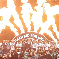 Flames shoot into the air as the winners of Sovccer Aid 2024 receive their trophy at Stamford Bridge
