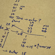 A brown envelope with a list of numbers and arrows, planning out routes between checkpoints. Marked-up Ordnance Survey maps sit under the eenvelope.