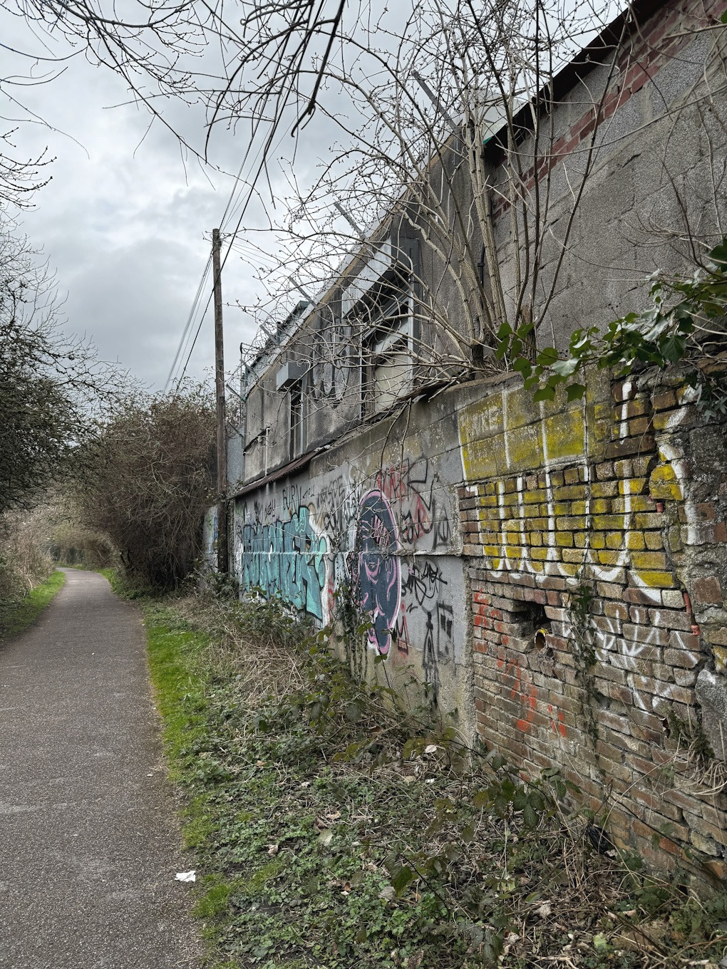 A partly crumbling brick and concrete building, covered in brightly coloured graffiti tags, which stands next to a long, curving tarmac pathway