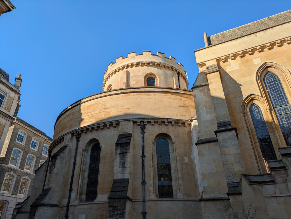 Temple church catching the golden sun on its round tower