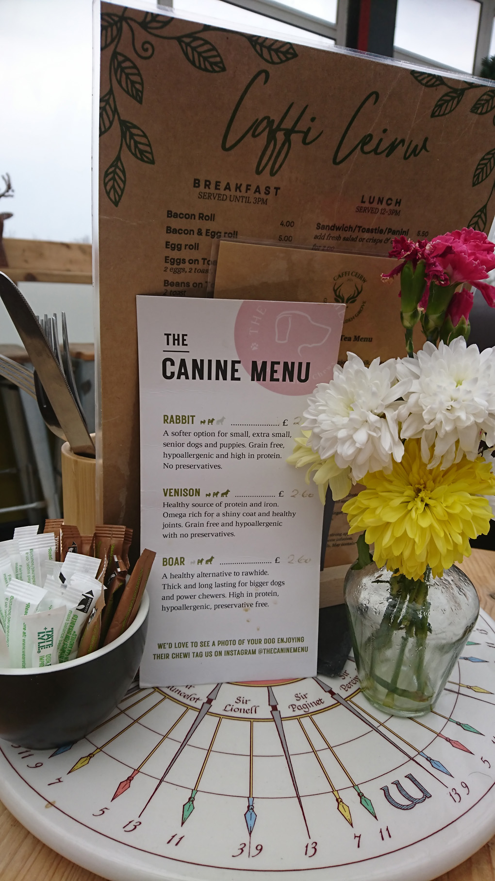A rare find - a cafe in a wooded parkland in Wales fairly newly opened, I was surprised to see an extra Canine Menu which depicts speciality dishes such as Venison, and Rabbit amongst others. Its a shame I didn’t have a dog to treat! The first I have come across.