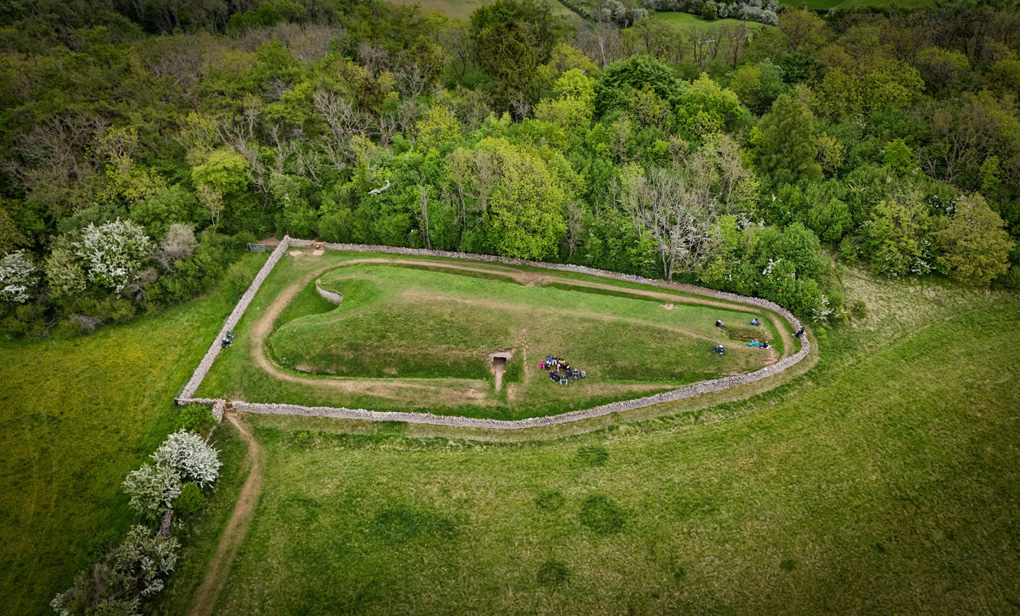 Drone ariel picture of Belas Knap, an old burial site in Tewkesbury