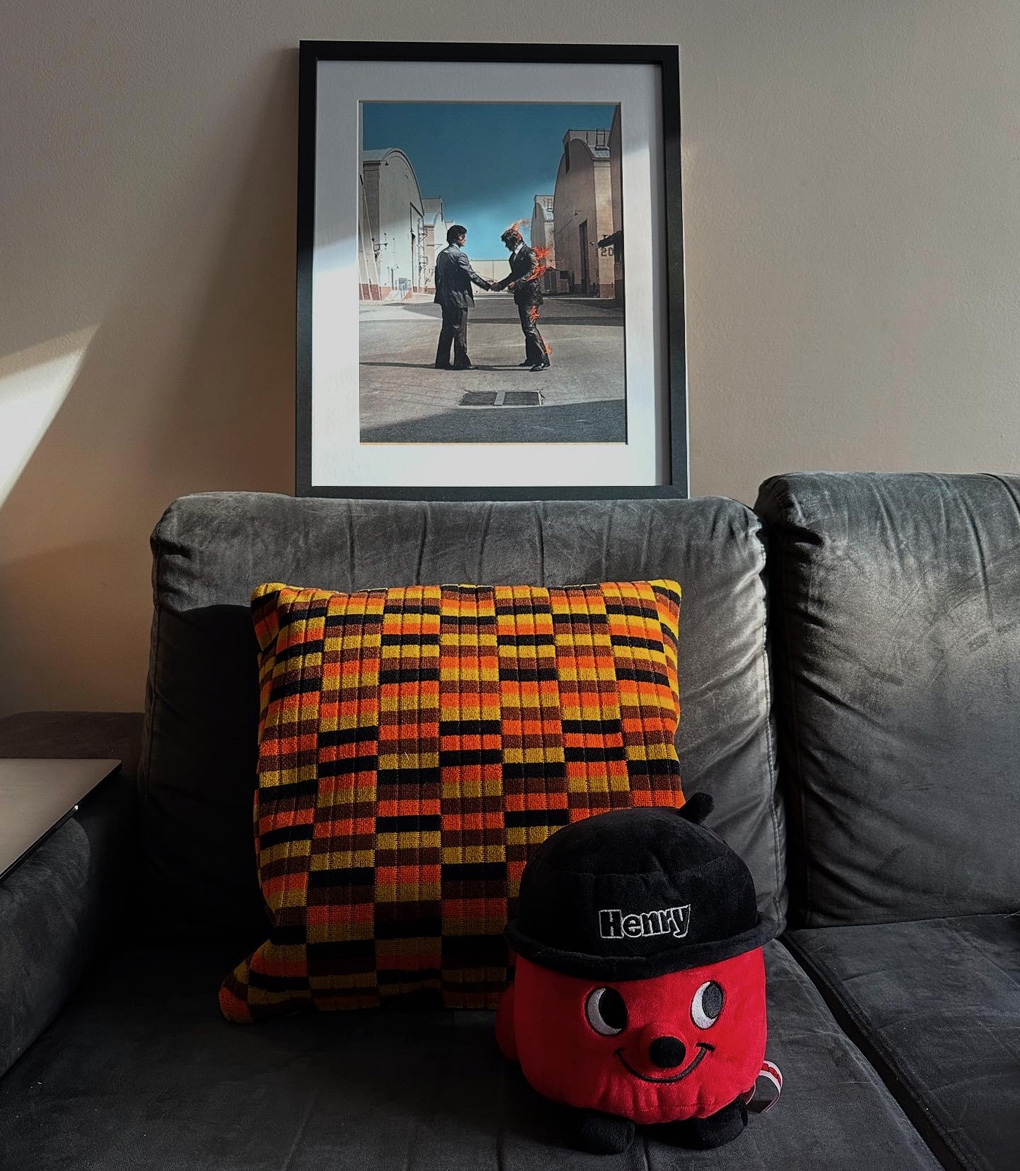 A Henry vacuum cleaner plush toy on a safe with an orange and black moquette cushion behind. A frame print of Pink Floyd's Wish You Were Here on top of sofa.