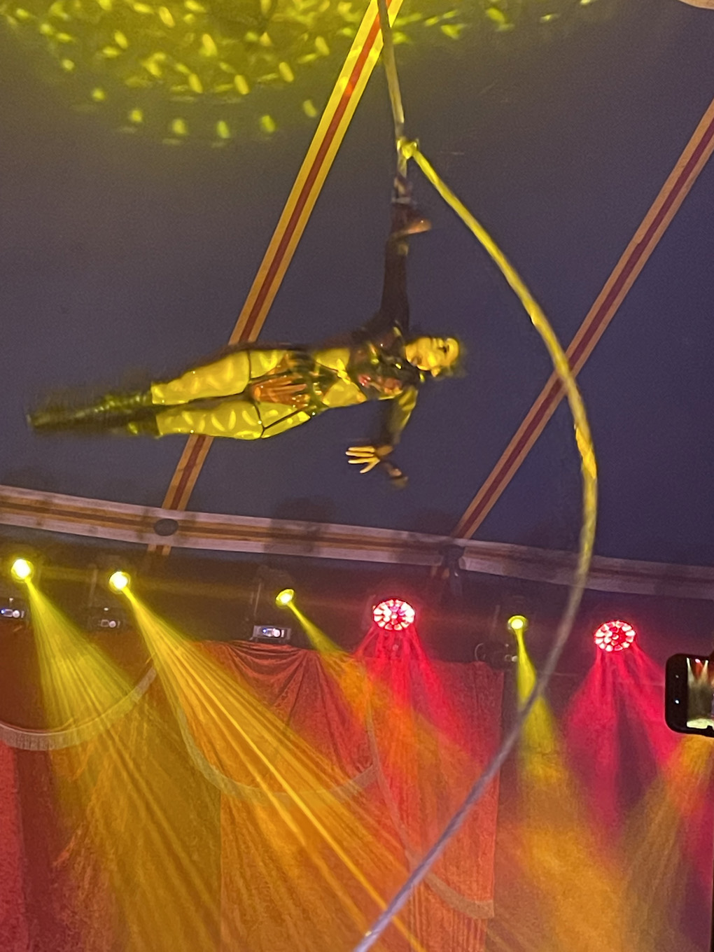 An aerial performer at the top of a rope after spinning for her life