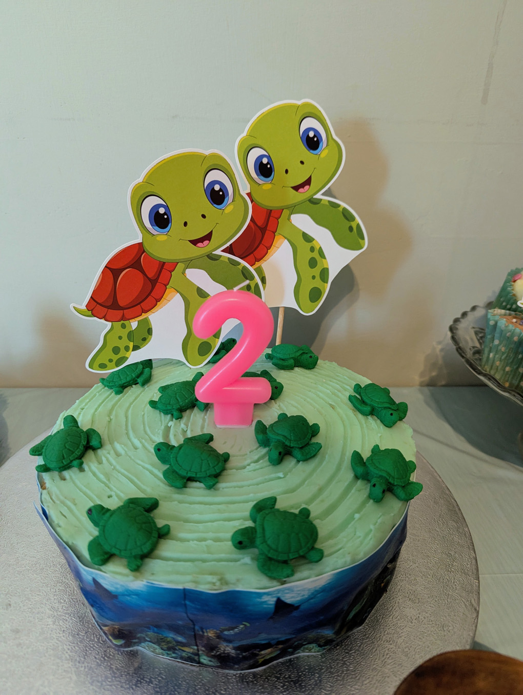A birthday cake decorated with green icing, cartoon turtles, and a big candle shaped as the number 2