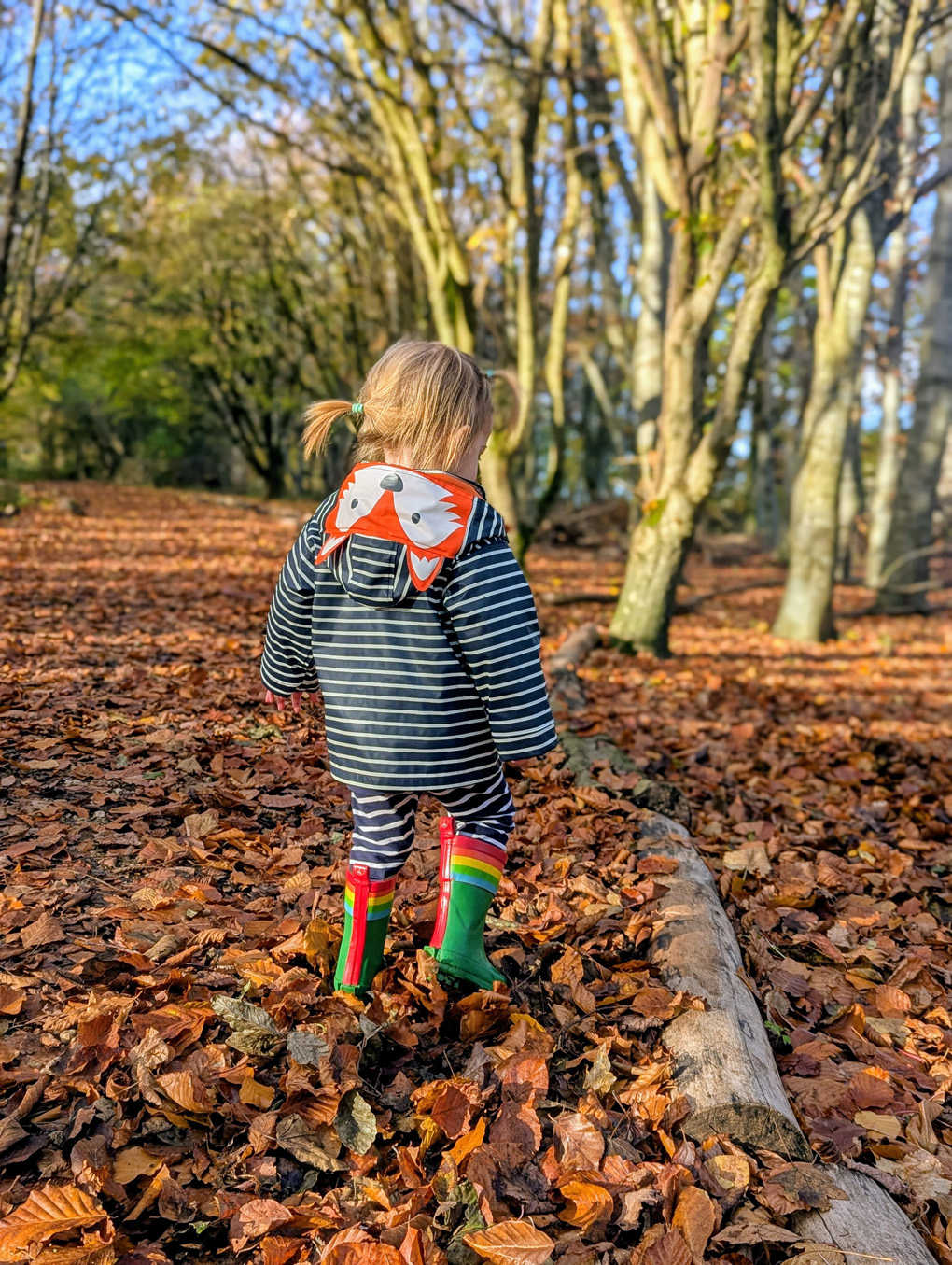 A toddler kicking up golden leaves in bright green wellington boots