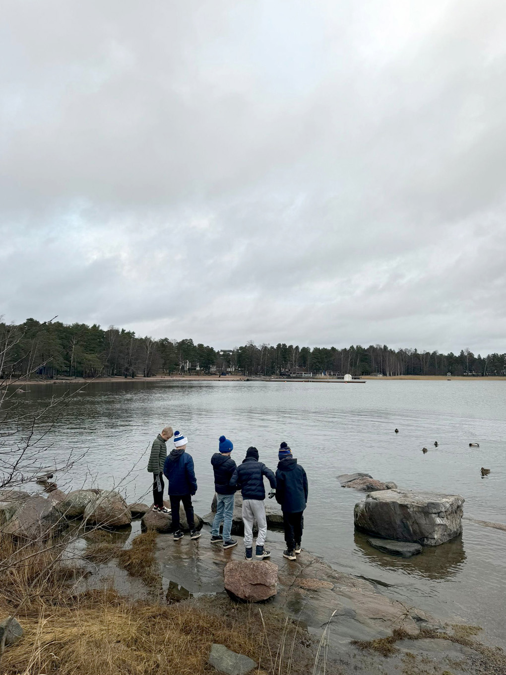 Boys standing by water on the shore.