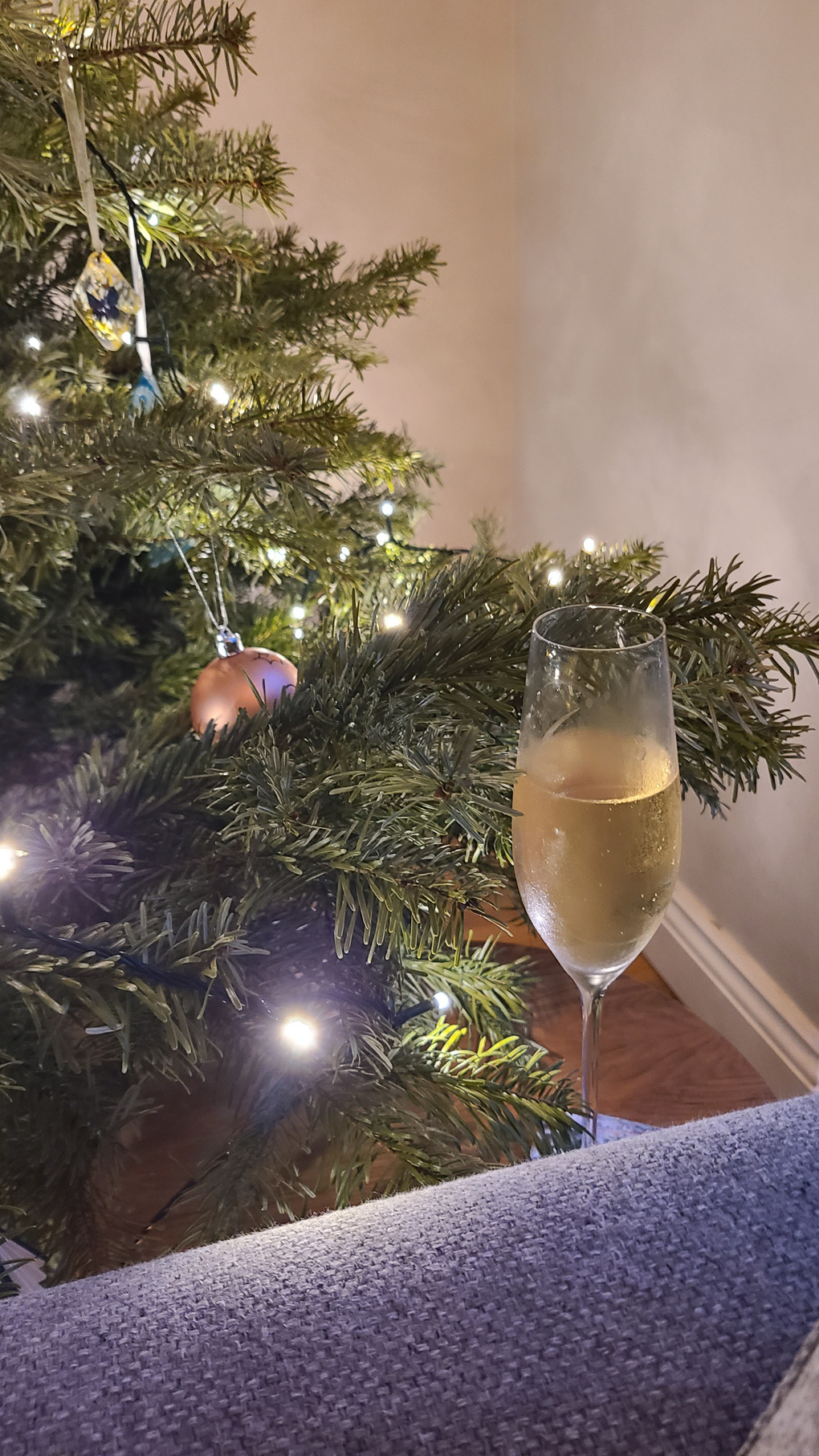 A glass of champagne nestled into the branches of a Christmas tree