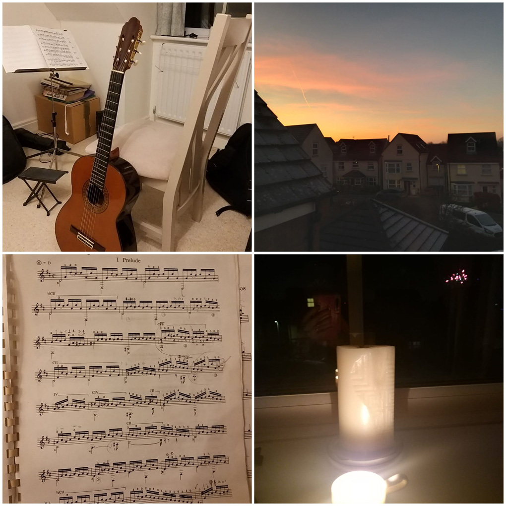 4 picture collage consisting of: a classical guitar; sheet of music; lit candle on the windowsill, dark night sky with a firework in the distance; sunset sky.