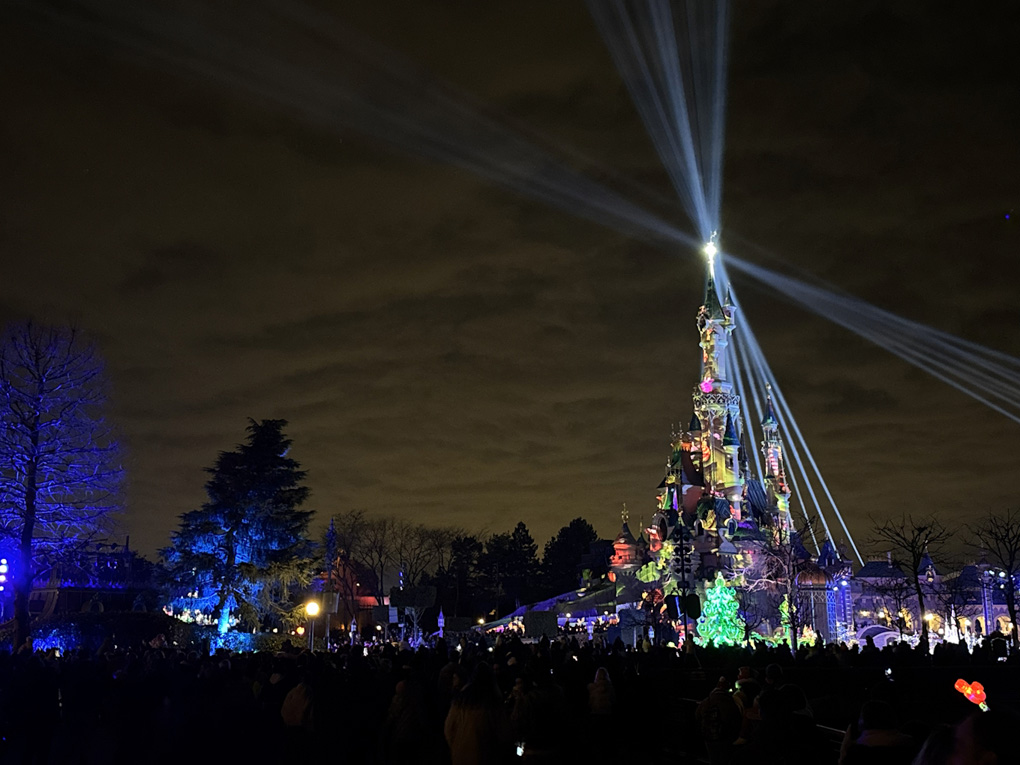 Sleeping Beauty's castle at Disneyland Paris, taken at night whilst brightly illuminated