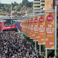 Crowd of people walking along big open path lined with signs and advertisements on either side. Wembley Stadium shot looking back towards station.