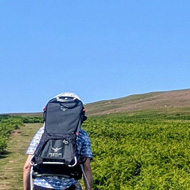 A toddler walking up a green mountain pass, holding the hand of her dad