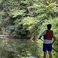 Man paddle boarding down a quiet river with lots of reflections of nature