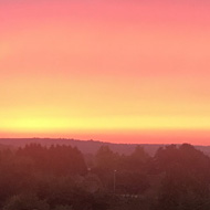 Bright orange ray of sun spearing over a dark horizon, eliminating rooftops and trees as is rises.
