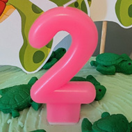 A birthday cake decorated with green icing, cartoon turtles, and a big candle shaped as the number 2