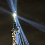 Sleeping Beauty's castle at Disneyland Paris, taken at night whilst brightly illuminated