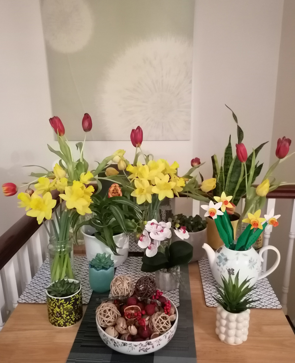 A display of Daffodils and Tulips, with lots of yellow and red blooms.