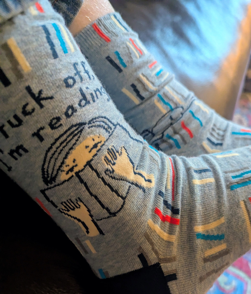 A pair of socks with the motif of a girl hiding behind a bok with the caption ' Fuck off I'm reading '