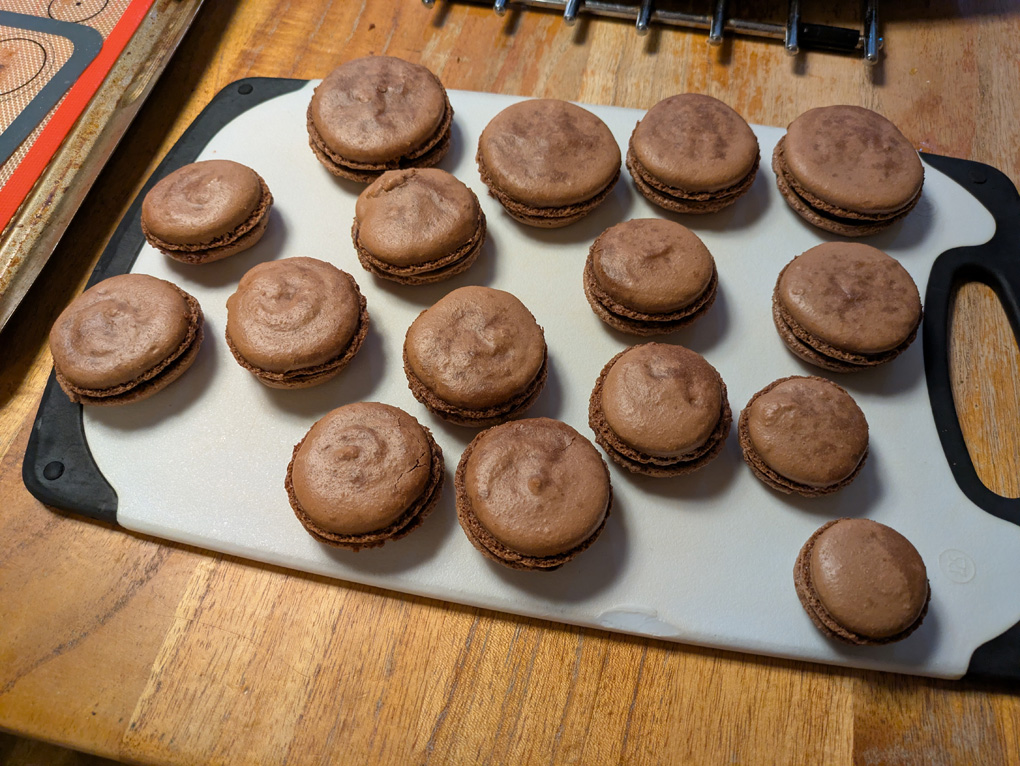 About twenty chocolate macarons cooling on a board having just come out of the oven