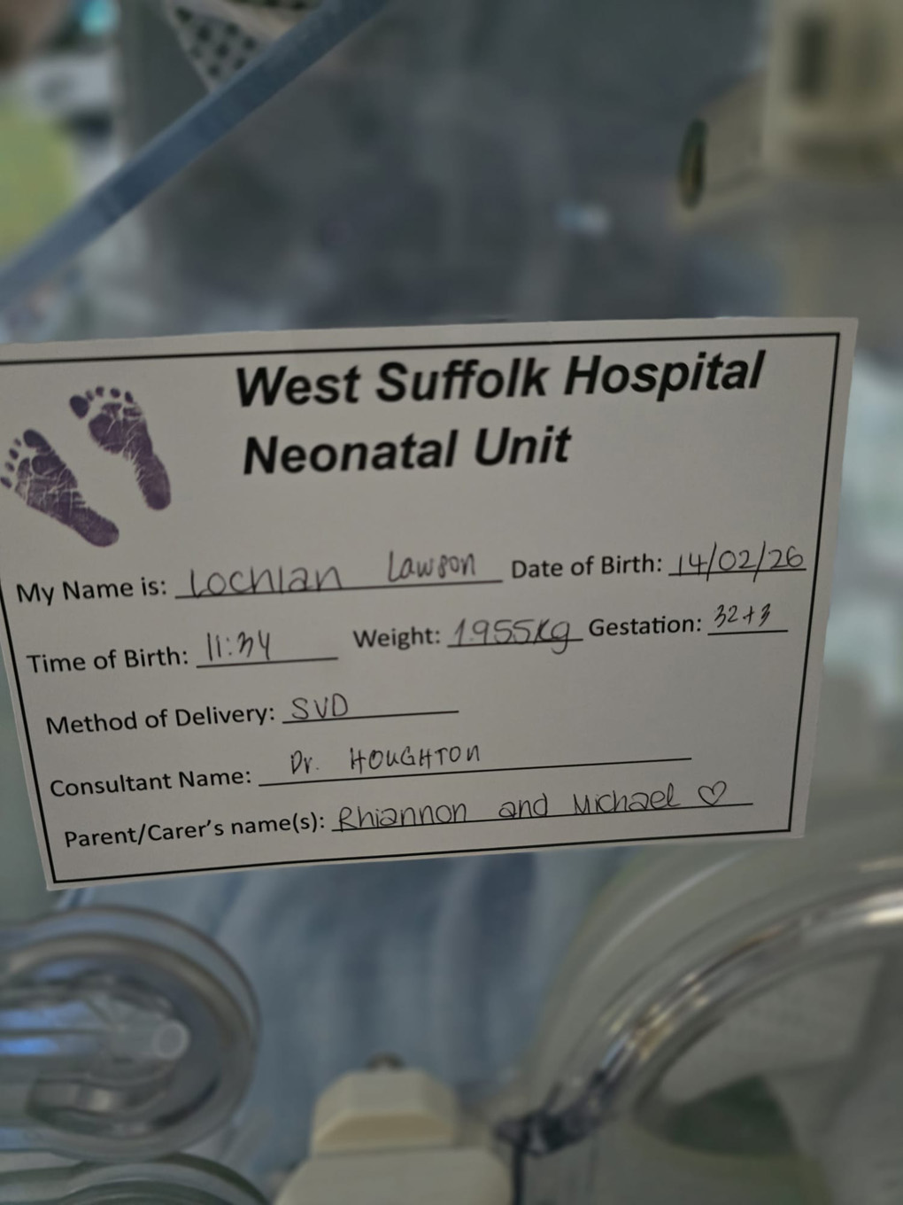 Neonatal unit card describing newborn son.